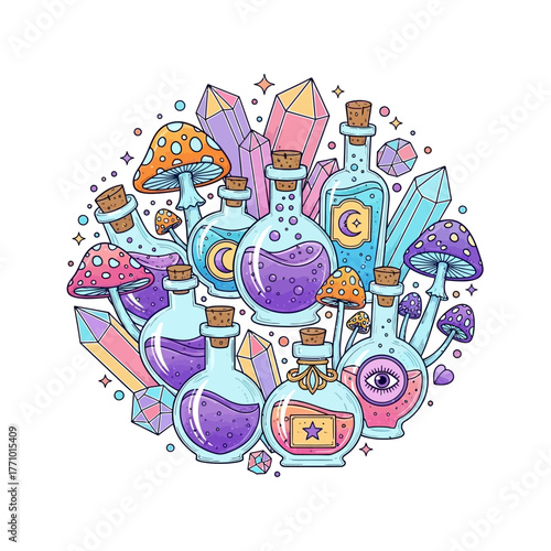 Magical Elixirs and Mystical Crystals A Whimsical Assemblage of Fantasy Potions and Enchanted Objects