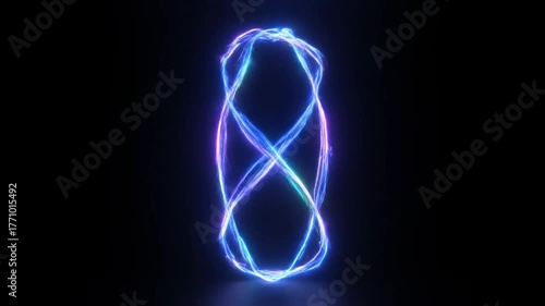 Neon energy moving upward symmetrical loop. vibrant illumination ascending balanced circuit glowing vitality abstract design.