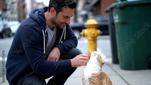 petting stray cat gently street corner. stroking feral feline kindly road junction.