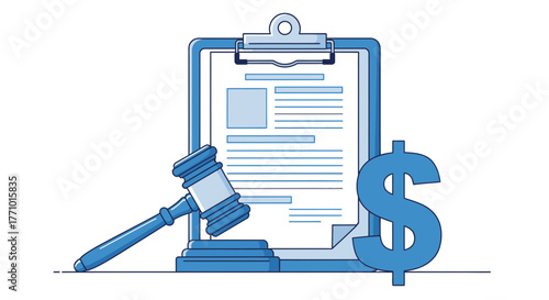 Gavel and dollar sign illustrate legal financial settlements, judgments and assets, delivering a modern professional feel for financial law success