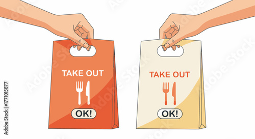 Convenient takeout meal delivery with paper bags, hands holding food ready to eat, easy dinner, restaurant options, and fast food solutions at your fingertips