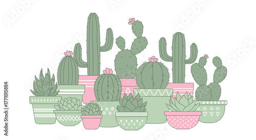 Delightful collection of charming cacti and succulents in decorative pots, perfect for adding a touch of desert chic to any design project or botanical theme