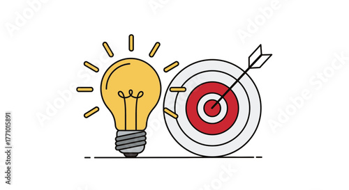 Achieve business goals with bright ideas and strategic targets arrow hitting bullseye, perfect for marketing campaigns and innovative solutions