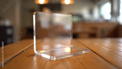 Clear acrylic display stand on a wooden table, showcasing its transparency.