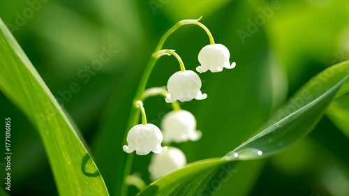 Close-up view of delicate white lily of the valley flowers with green leaves in a natural setting.