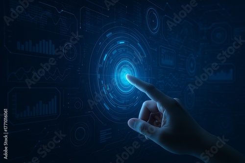 Hand touching digital HUD futuristic interface symbolizing cyber communication hologram innovation and VR internet system