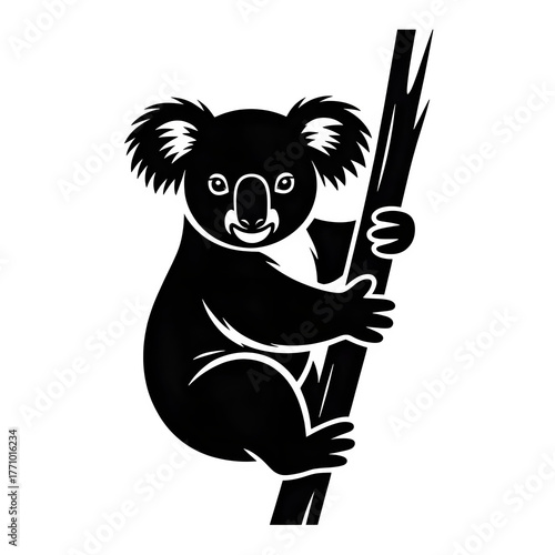 Adorable koala climbing tree branch, ideal for nursery decor, children's books, or Australian wildlife conservation projects, cute illustration