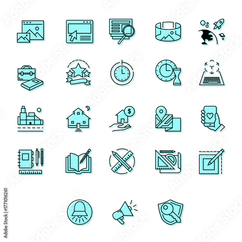 A clean set of modern teal line icons arranged in a grid, featuring various themes such as design tools, real estate, technology, time, and communication.