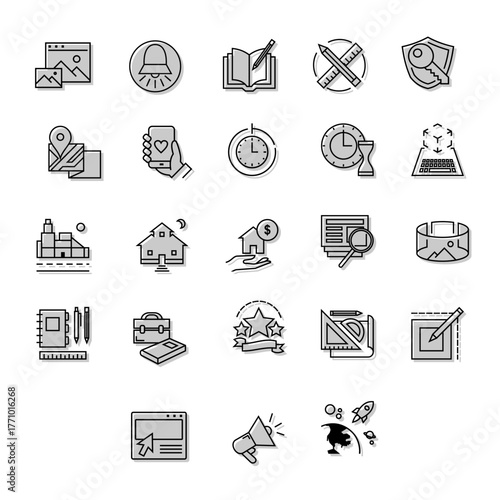 A clean collection of modern outline icons arranged in a grid, representing themes such as design tools, technology, real estate, communication, and productivity.