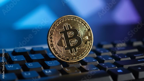 Close-up shot of a golden Bitcoin coin resting on a black computer keyboard, representing cryptocurrency.