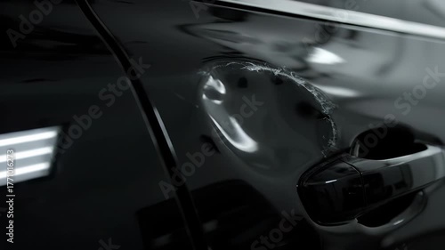 Close-up of a damaged black car door, showing a dent and scratches on the surface.