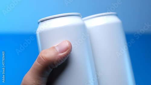 A hand holding two white beverage cans against a gradient blue background.