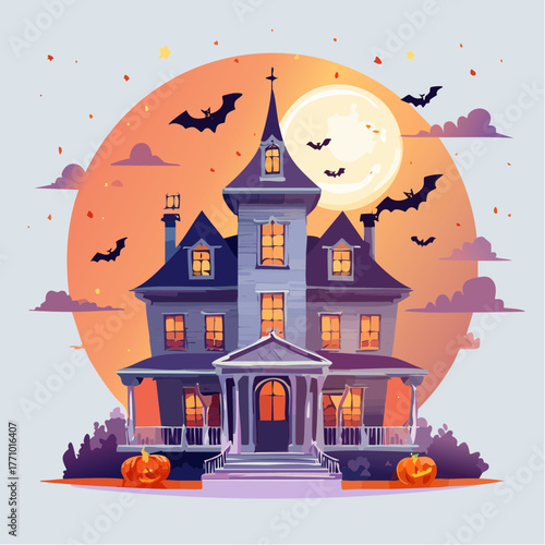 Highly detailed vector illustration of a haunted Victorian mansion at night, glowing jack-o'-lanterns on the porch, full moon in the background, bats flying, spooky atm