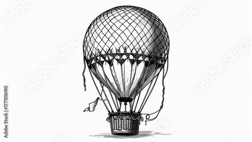 Vintage Hot Air Balloon Engraving on White Background.