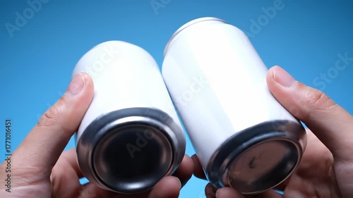 Two white beverage cans are held by hands against a bright blue background.