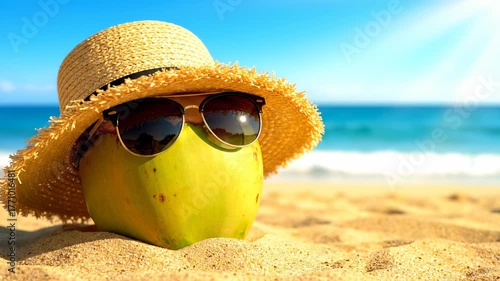A coconut wearing sunglasses and a straw hat, relaxing on a sandy beach with the ocean in the background.