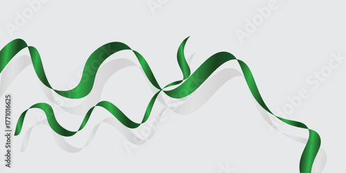 green satin ribbon bow curly scroll isolated on white background with clipping path for holiday and wedding card confetti design decoration