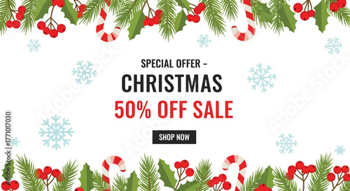 Adobe illustrator artwork vector illustration. Christmas 50% off sale banner with special offer text, framed by festive holly, candy canes, and snowflakes