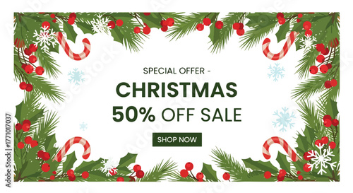 Adobe illustrator artwork vector illustration. Christmas 50% off sale banner with special offer text, framed by festive holly, candy canes, and snowflakes