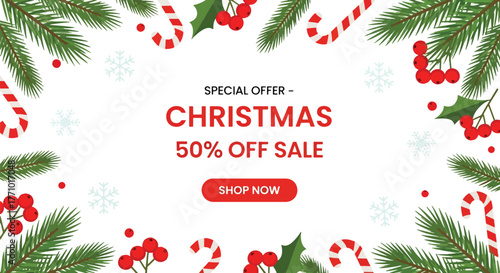 Adobe illustrator artwork vector illustration. Christmas 50% off sale banner with special offer text, framed by festive holly, candy canes, and snowflakes