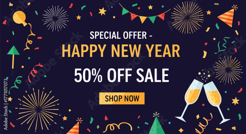 Adobe illustrator artwork vector illustration. Happy New Year 50% off sale banner with fireworks, champagne, and festive party elements