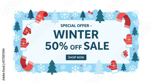 Adobe illustrator artwork vector illustration. Winter 50% off sale banner with special offer text, surrounded by festive mittens, scarves, and snowflakes