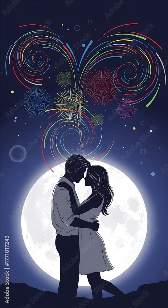 Obraz premium Romantic Embrace Under Fireworks and Moonlight - A Couples Silhouette.