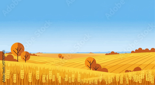 Illustration of a golden wheat field with trees under a clear blue sky on a sunny day landscape view
