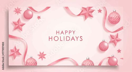 Pink happy holidays background with stars ornaments and ribbons in a festive arrangement scene