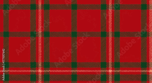 Illustration of a red and brown tartan pattern with green accents and a textured appearance throughout it