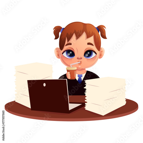 Vector illustration of a successful employee. Employee, office, joy, growth, schedule, computer, table, coffee, development, success