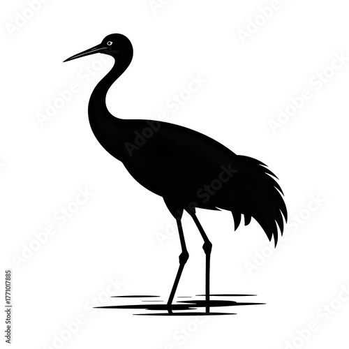 Elegant crane silhouette standing gracefully in shallow water creating a striking nature scene ideal for logos or minimalist designs