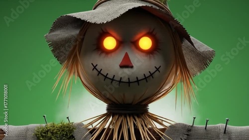 Creepy Scarecrow with Glowing Eyes on Halloween Night
