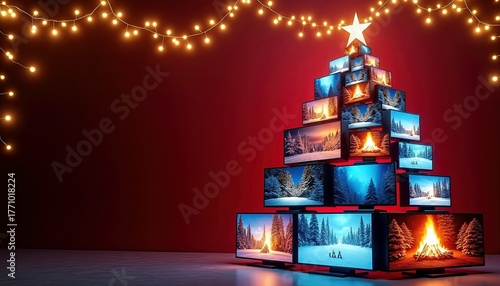  Televisions stacked in the shape of a Christmas tree display winter and fireplace scenes, set against a red background with festive garland. space for text