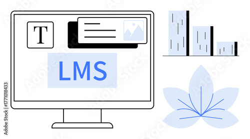 Computer screen with LMS interface, document, chart, and flower elements. Ideal for e-learning, education technology, analytics, content design, training innovation simple flat metaphor