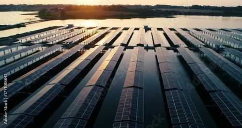 Expansive floating solar farm at sunset, reflecting the sky and surrounding landscape.