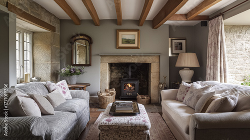 Living room in a traditional rustic cottage with exposed beams and a wood burning stove inside a stone fireplace