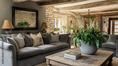 Rustic luxury living room featuring stone wall, exposed wood beams, cozy gray velvet sofa, and potted plants