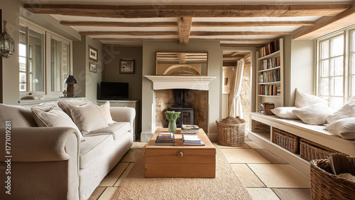 Rustic living room interior featuring exposed wooden beams, fireplace, cozy sofa, and built in window seat