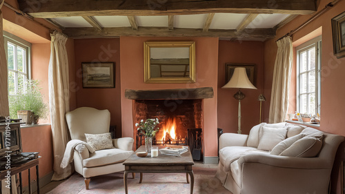 Inviting living room showcasing a natural stone fireplace with a glowing fire, sofa, armchair, and wooden coffee table
