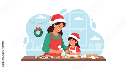 Adobe illustrator artwork vector illustration. Mother and daughter baking Christmas cookies in the kitchen, festive holiday season family activity