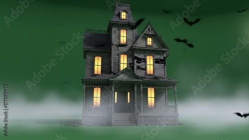 Spooky Haunted House with Flying Bats on Halloween Night