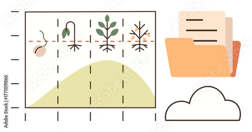 Lifecycle of a plant from seedling to maturity on graph, folder with documents, and cloud icon. Ideal for biology, data analysis, agriculture, research, organization, education and cloud storage