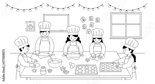 Children Baking and Making Cookies in a Kitchen, Coloring Book Illustration