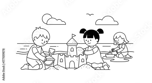 Children Building a Sandcastle at the Beach, Coloring Book Illustration