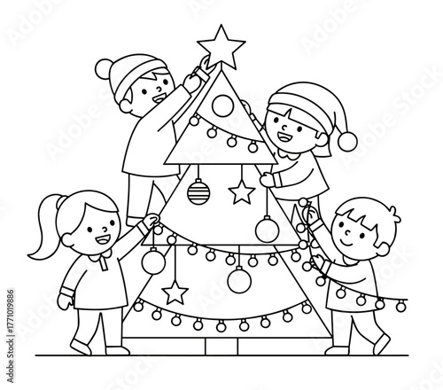 Children Decorating the Christmas Tree, Coloring Book Illustration