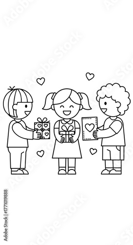 Children Exchanging Gifts and Cards with Hearts, Coloring Book Illustration