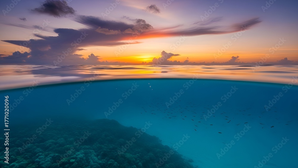 Fototapeta premium Cinematic tropical over-under photo at golden sunset transitioning to blue hour. The sky above glows with dramatic colors — molten orange near the horizon and gentle lavender clouds drifting high. 