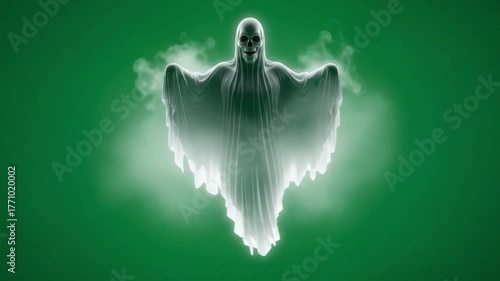 Spooky Floating Ghost Glowing on Green Halloween Background