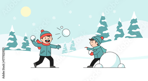 Two Boys Having a Snowball Fight in a Winter Landscape Illustration